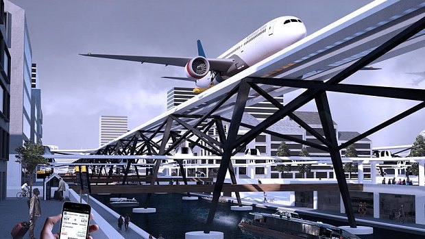 Alex Sutton's design for an airport above the streets and canals of Stockholm.