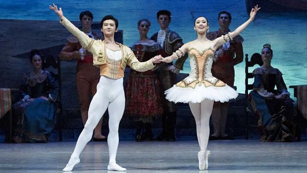 Dazzling ... Chengwu Guo, left, and Ako Kondo in the Australian Ballet's <em>Don Quixote</em>. Most of the young dancers showed a high quality of dancing with vivacious characterisations.