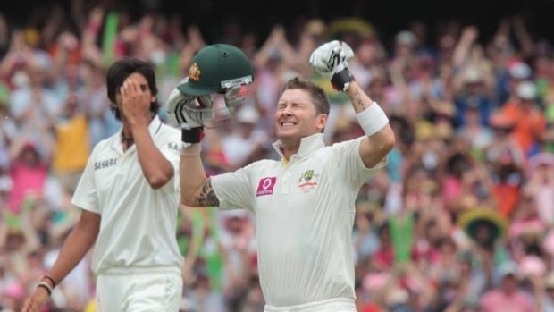 I did it! &#8230; Michael Clarke celebrates his 300th run at the SCG, from the delivery of Ishant Sharma.