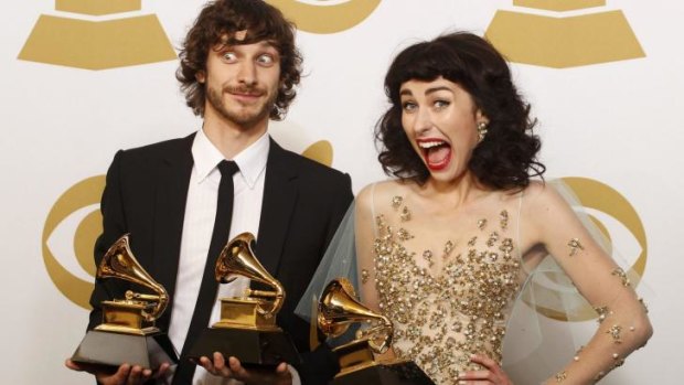 Gotye poses with his Grammy awards for Best Pop Duo/Group Performance with Kimbra (R) and for Best Alternative Music Album, backstage at the 55th annual Grammy Awards in Los Angeles last February. 