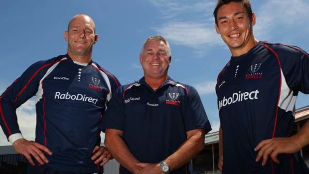 Newly appointed captain Stirling Mortlock (L), coach Rod Macqueen and vice-captain Gareth Delve.