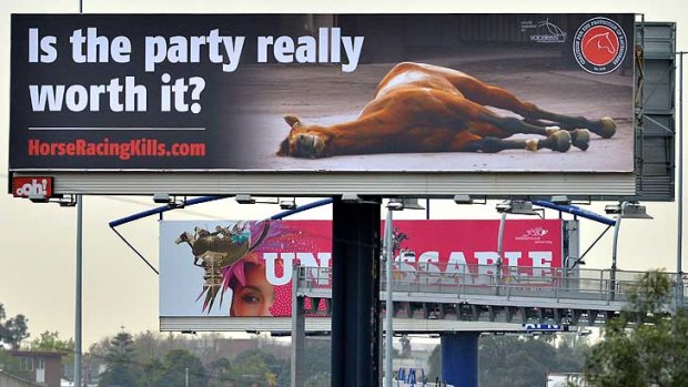 The controversial billboard greeting drivers near the Bolte Bridge - just before another marking the start of the 'unmissable' spring racing carnival.