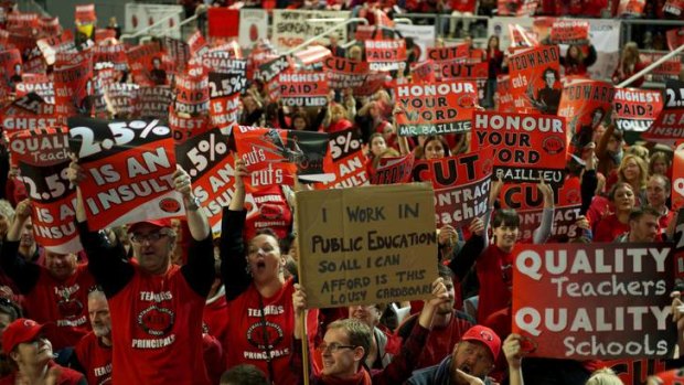 Teachers rally at Hisense Arena during industrial action last month.
