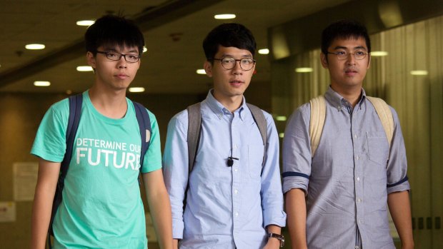 Student protest leaders, from left, Joshua Wong, Nathan Law and Alex Chow were politically awakened by the Umbrella Revolution.