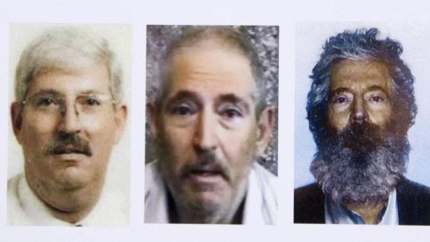 This FBI composite image shows Robert Levinson before his capture, in a video released three years ago and a picture of him with a beard in his fourth year of captivity.