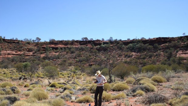 Astrophysicist Tui Britton in a meteorite impact crater discovered in Palm Valley in Northern Territory.