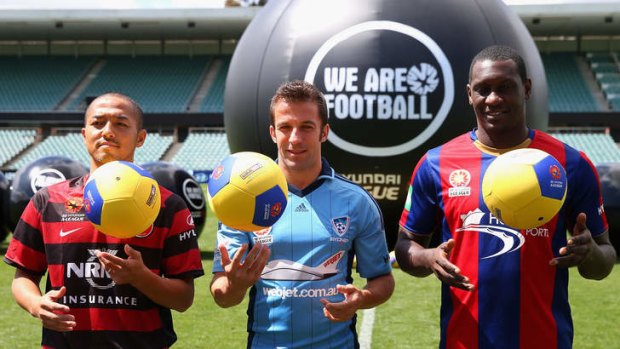 Glamour-fest: Shinji Ono, Alessandro Del Piero and Emile Heskey line up for last season's A-League launch at Parramatta Stadium.