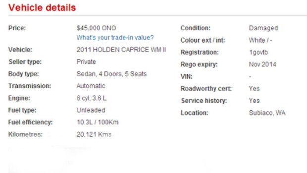 A screenshot of the details of the vehicle 'for sale'.