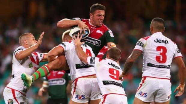 Hard man: Sam Burgess is the centre of the Dragons attention at the SCG.