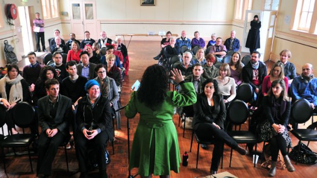 Sex therapist Cyndi Darnell addresses the Sunday Assembly in South Melbourne.