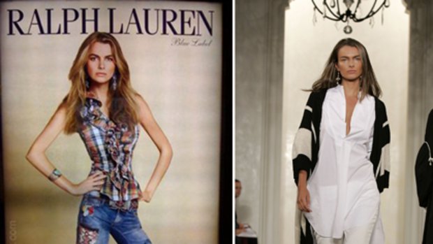 'Overweight' ... the digitally altered Ralph Lauren photo, left, and Filippa Hamilton on the runway for the fashion powerhouse.