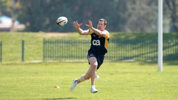Eye on the ball ... Julian Huxley at Brumbies training yesterday. He will come off the bench tomorrow.