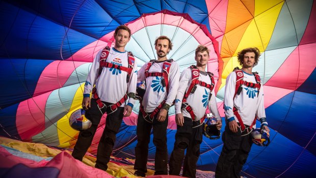 Georg Lettner, Marco Waltenspiel, Marco Fuerst and Dominic Roithmair pose for a portrait during the Red Bull Megaswing 2016 in Fromberg, 