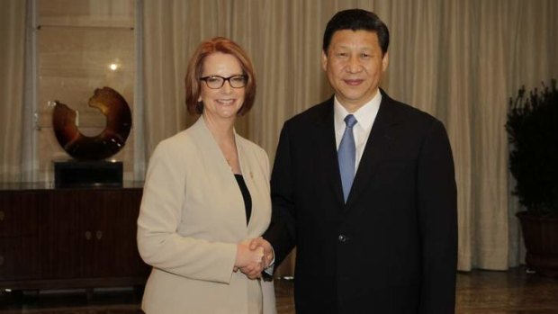 Prime Minister Julia Gillard meeting with Chinese President Xi Jingping at the Bo'ao Forum in Hainan, China.