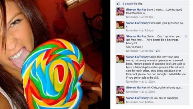 A Facebook exchange between Sarah Cafferkey (pictured) and Steven James Hunter before her death.