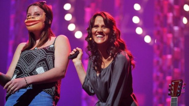 Nina Conti with an audience member at the Melbourne International Comedy Festival opening night Allstars Supershow.