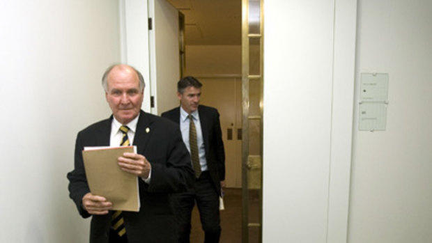 Independent MPs Tony Windsor and Rob Oakeshott leave their historic press conference yesterday.