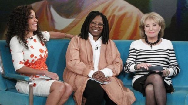 From left, featured guest co-host, attorney Sunny Hostin, and regular co-hosts Whoopi Goldberg and Barbara Walters on The View.