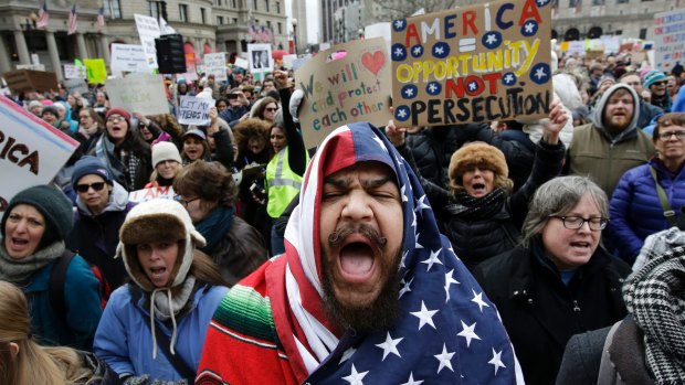 Demonstrators in Boston during a rally against President Trump's travel ban.