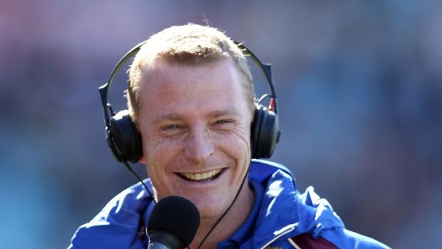 Michael Voss in a jovial mood during a radio interview before the Brisbane Lions' victory over Adelaide last weekend.