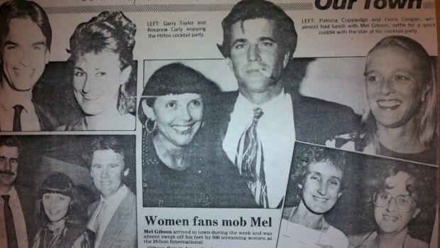 A social clipping from 1991 in the now-defunct Sunday Sun: a Hilton cocktail party hosted Mel Gibson and then-Queensland Premier Wayne Goss.