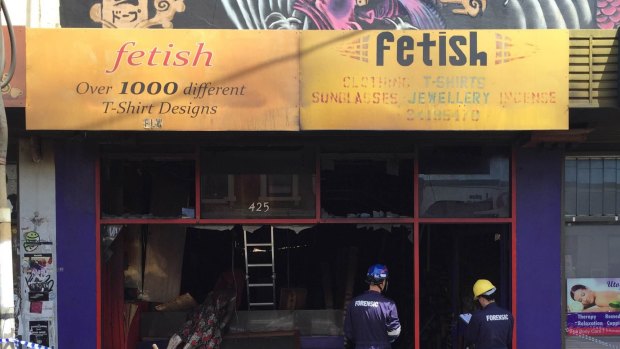 Destroyed by fire. The Fetish t-shirt shop.
