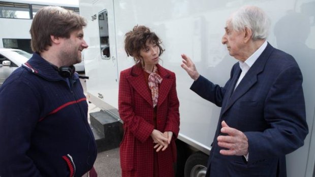 Director Paul King, actor Sally Hawkins and author Michael Bond on the set of <i>Paddington</i>.