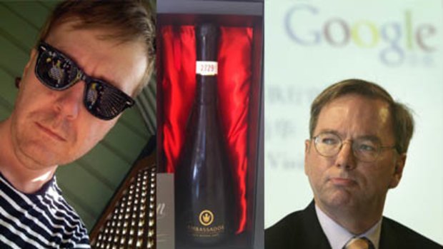 Cameron Collie, left, Google CEO Eric Schmidt, right, and, inset, a picture of the alcohol Collie purchased to celebrate settlement.