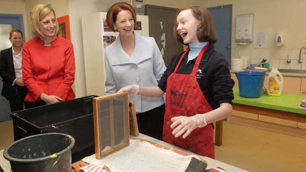 Back to school ... Julia Gillard visited Black Mountain School with Katy Gallagher.