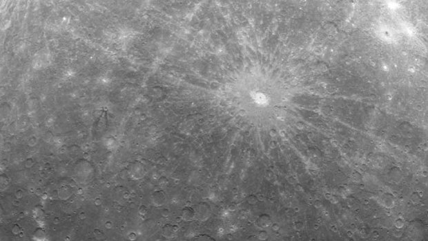 The first image ever obtained from a orbiting spacecraft of Mercury.
