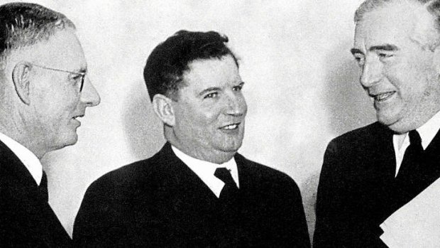Corridor of power … (from left) John Curtin, Arthur Fadden and Robert Menzies.