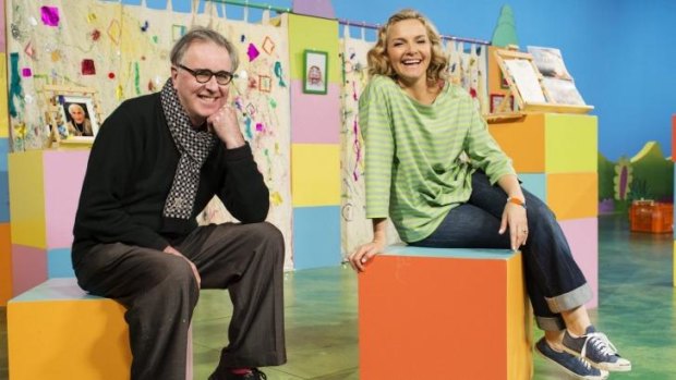 Justine Clarke and Peter Dasent on set of ABC kids show Play School. Preview for Sydney Writers Festival – What makes a good children's song. 