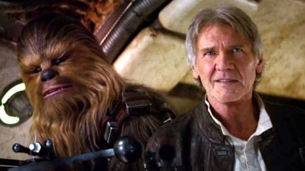 'Chewie, we're home!' ... Harrison Ford as the fast-talking Han Solo with co-pilot and friend, wookie Chewbacca in <i>Star Wars: The Force Awakens</i>.