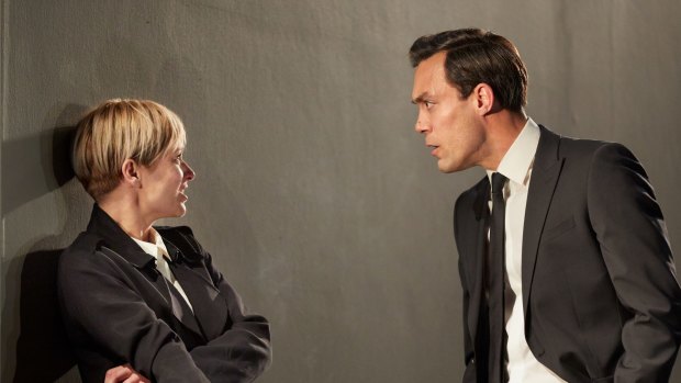 Sian Brooke and Alex Hassell in <i>I'm Not Running</i> at Britain's National Theatre.