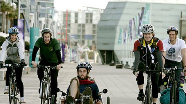 Sydney or bust: Cyclists (from left) Chloe Hanson-Boyd, Dylan McConnell, Tim Denshire-Key, Matt Sullivan and Michael Crowe set off from Docklands.