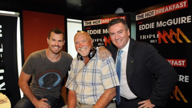 Ratings slide...Breakfast host Eddie McGuire with Triple M stablemate Rex Hunt and guest, footballer Luke Darcy.