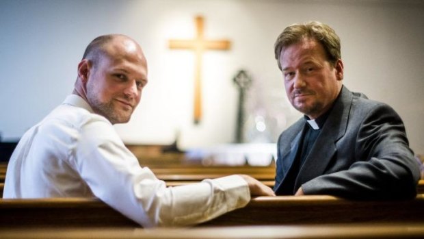 Frank Schaefer with his son Tim, left, at Foundry United Methodist Church in Washington in June.