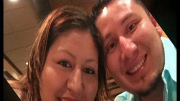 Petra Ruiz Porras, who died after her car was swept off the highway by a tornado in Dallas, and her husband Ruben Porras, seen in a video screengrab.