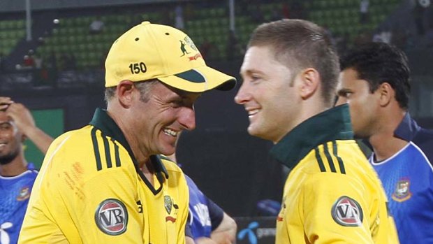 Happy Vegemites: Mike Hussey and Michael Clarke.