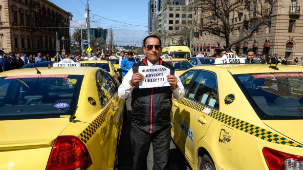 Taxi drivers, these ones in Melbourne earlier this month, are not so happy about the rise of Uber X ridesharing. 