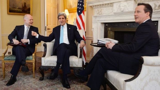 US Secretary of State John Kerry, centre, with David Cameron, right, and William Hague in Downing Street.