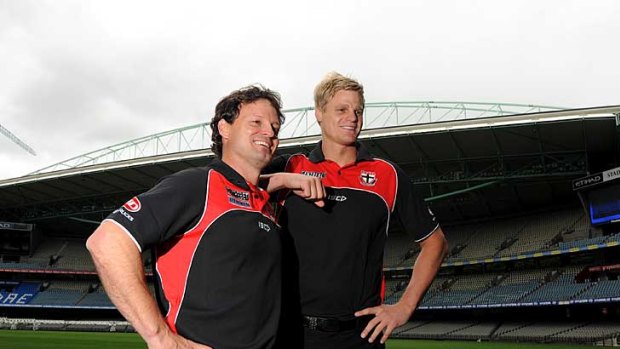 New St Kilda coach Scott Watters and Saints skipper Nick Riewoldt at Etihad Stadium today.