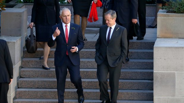 Prime Minister Malcolm Turnbull and Opposition Leader Bill Shorten during the ANZAC Day national service at the Australian War Memorial.