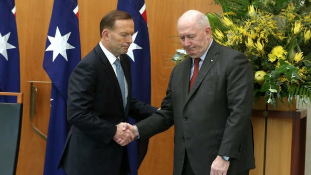 Prime Minister Tony Abbott and Governor-General Sir Peter Cosgrove, who is travelling to Holland to receive the bodies of Australian victims of the MH17 disaster.
