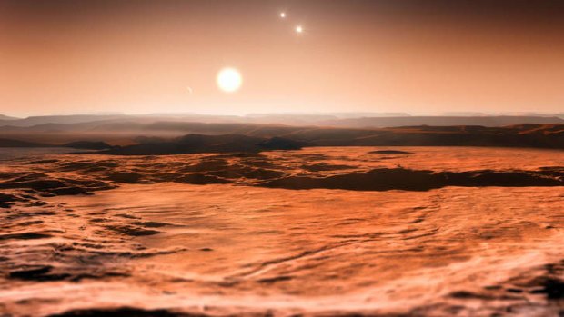 An artist's impression of the view from the exoplanet Gliese 667CD looking towards the planet's parent star (Gliese 667C). In the background to the right, the more distant stars in this triple system (Gliese 667A and Gliese 667B) are visible and to the left in the sky one of the other planets, the newly discovered Gliese 667Ce, can be seen as a crescent.