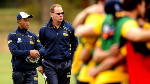 Brumbies head coach Jake White, right, with George Gregan, will be announced as an adjunct professor at the University of Canberra on Thursday.