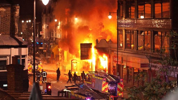 Buildings burn on Tottenham High Road, London during the 2011 riots.