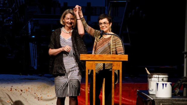 Australia Council CEO Kathy Keele (left) accepts the New Victory Arts Award from Cora Cahan in New York.