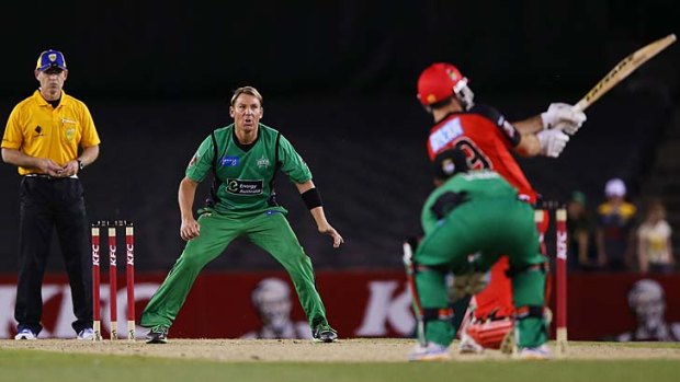 Surreal &#8230; Ben Rohrer smashes Stars bowler Shane Warne for six in the opening round of the Big Bash League.