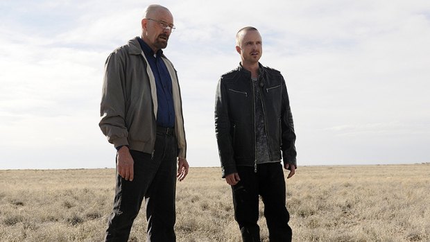 Bryan Cranston and Aaron Paul in a scene from the final season of <i>Breaking Bad</i>.